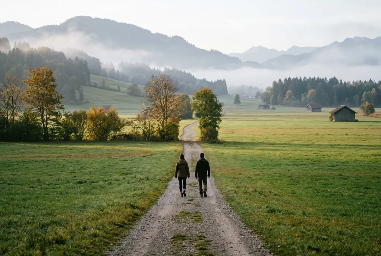 Zwei Personen von hinten auf einem Feldweg im Voralpenland