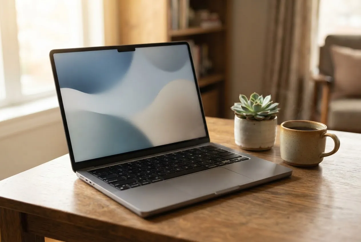 Aufgeklappter Laptop mit neutralem Bildschirm, Pflanze und Tasse auf einem Holztisch
