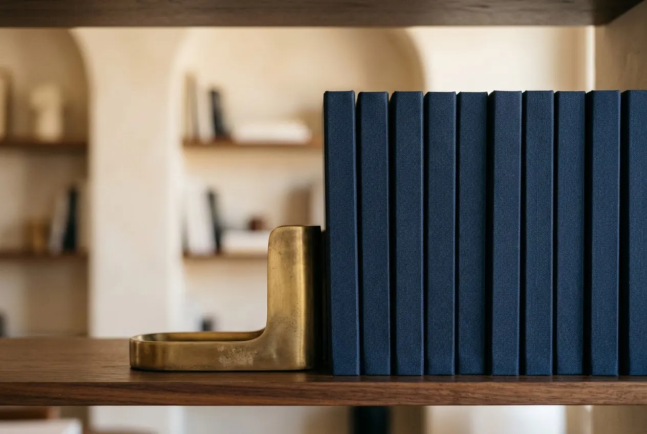 Blaue Bücher mit Buchstütze aus Messing im Regal