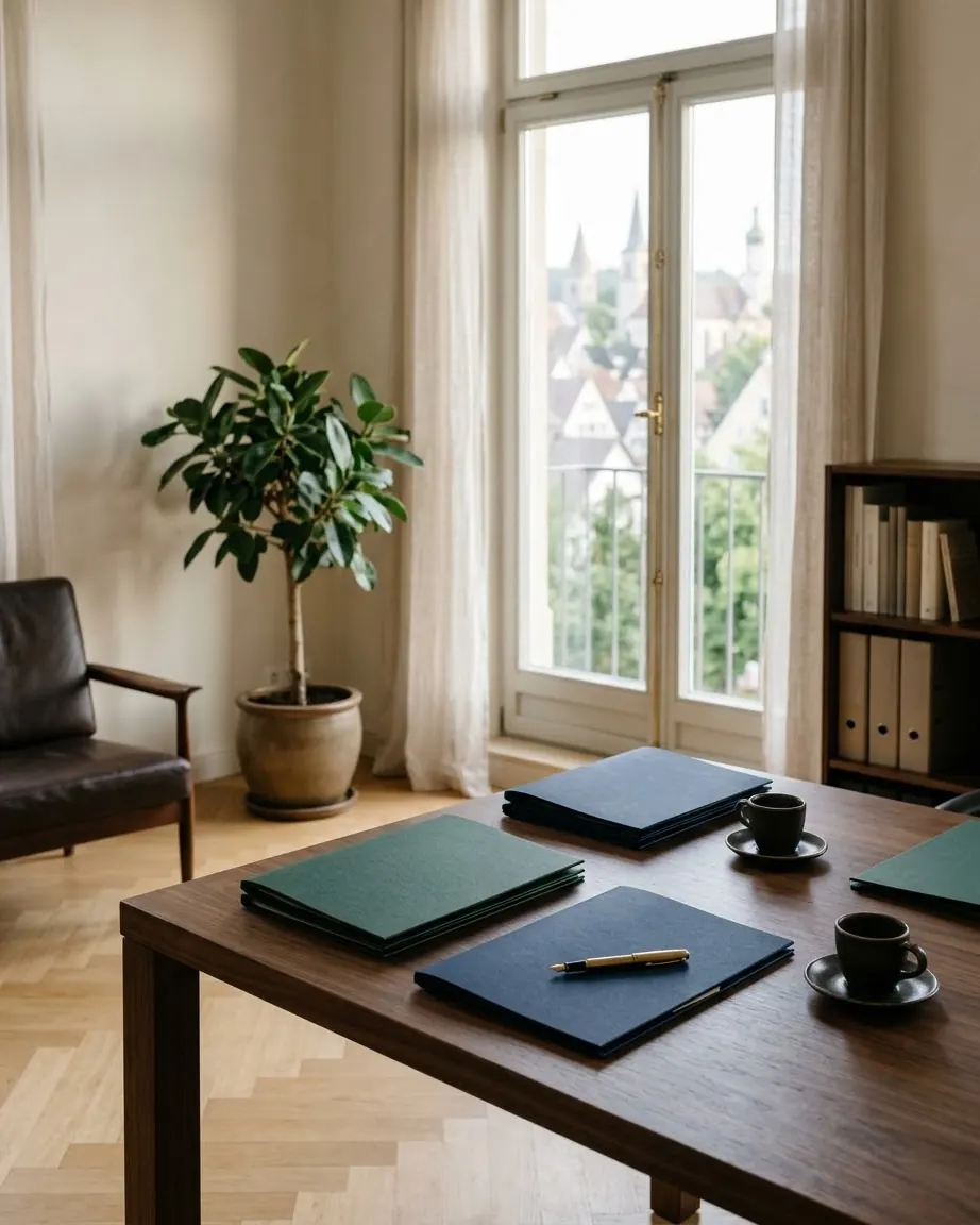 Besprechungstisch mit Mappen, Füller und zwei Tassen vor einem Fenster mit Blick auf die Altstadt