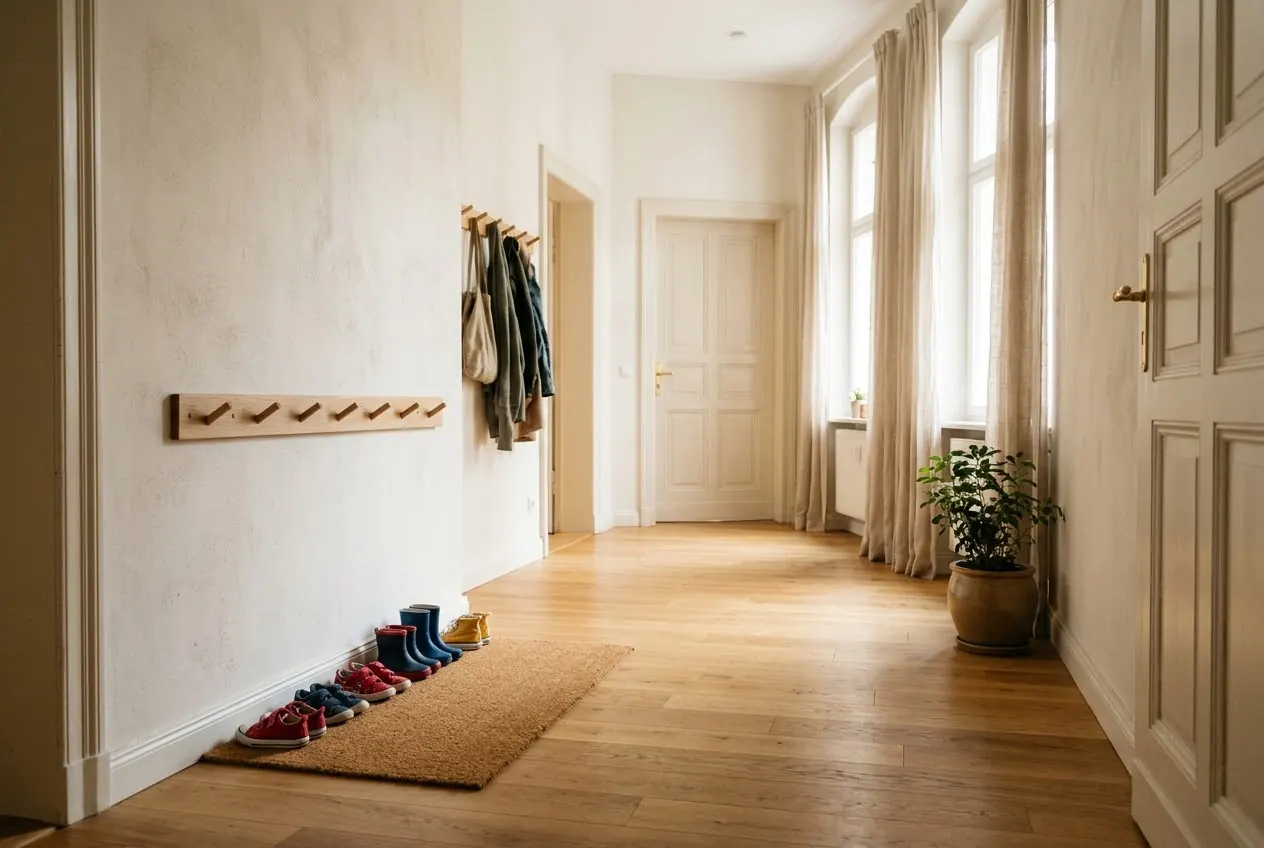 Heller Flur mit Garderobe und Kinderschuhen