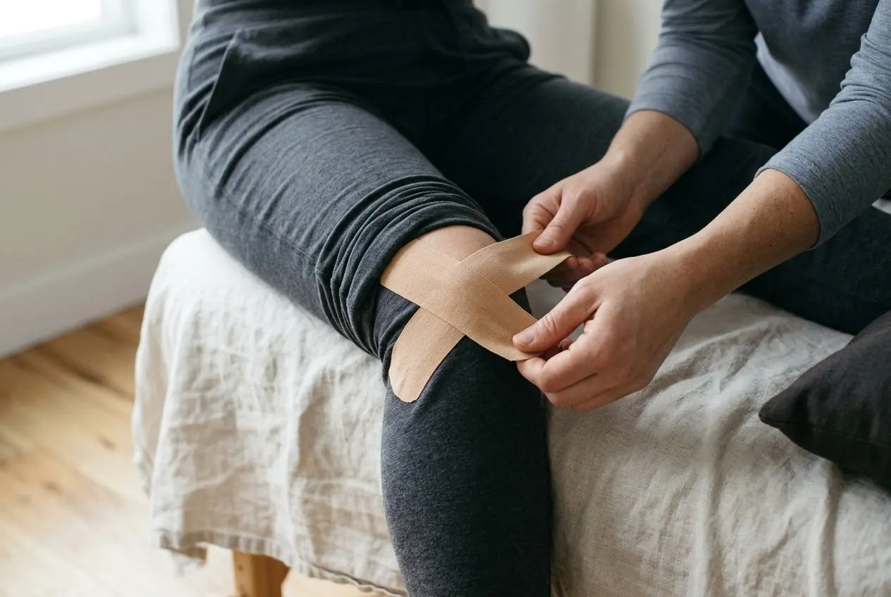 Hände legen ein Tape an ein Knie