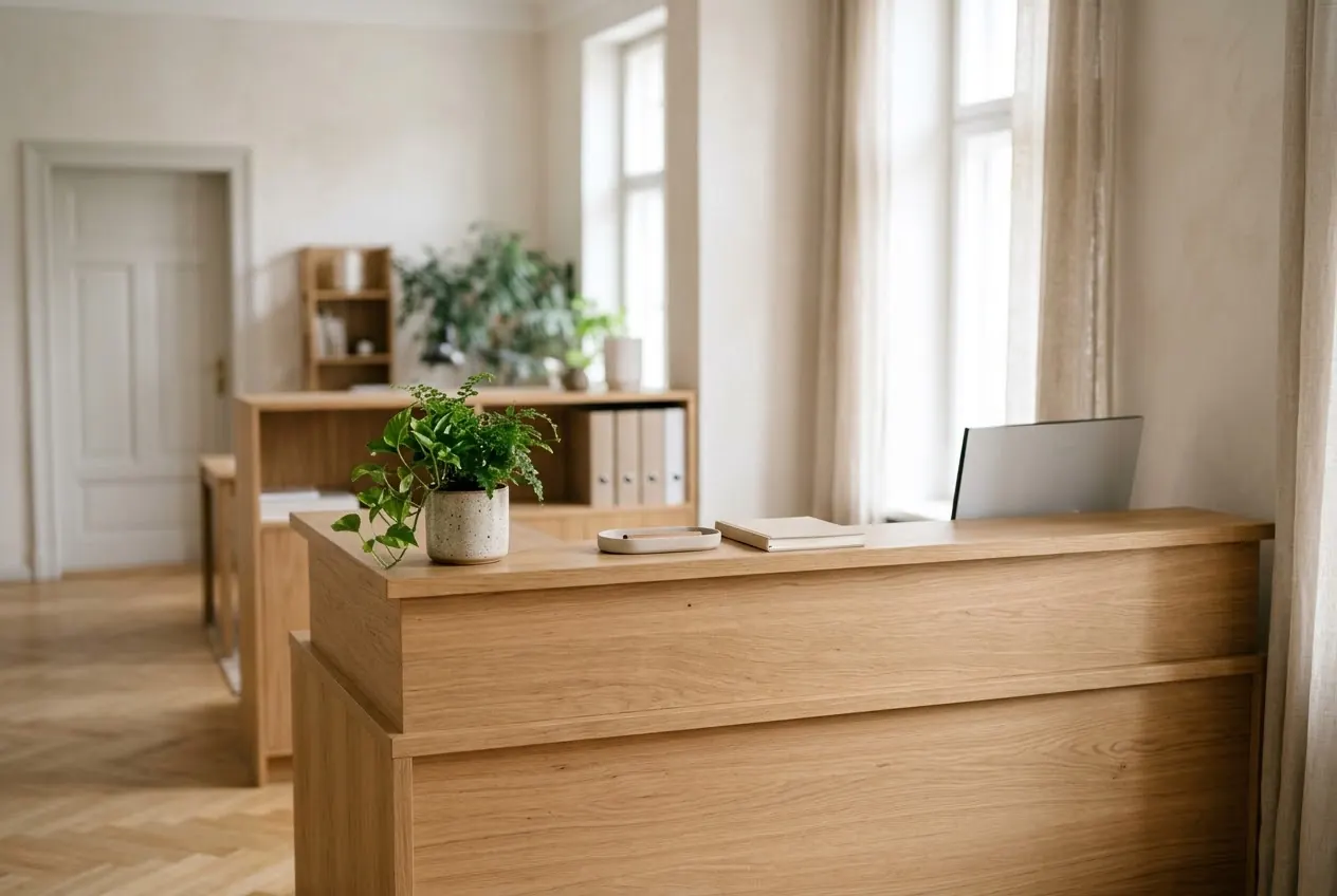 Heller Empfangstresen aus Holz mit Pflanze