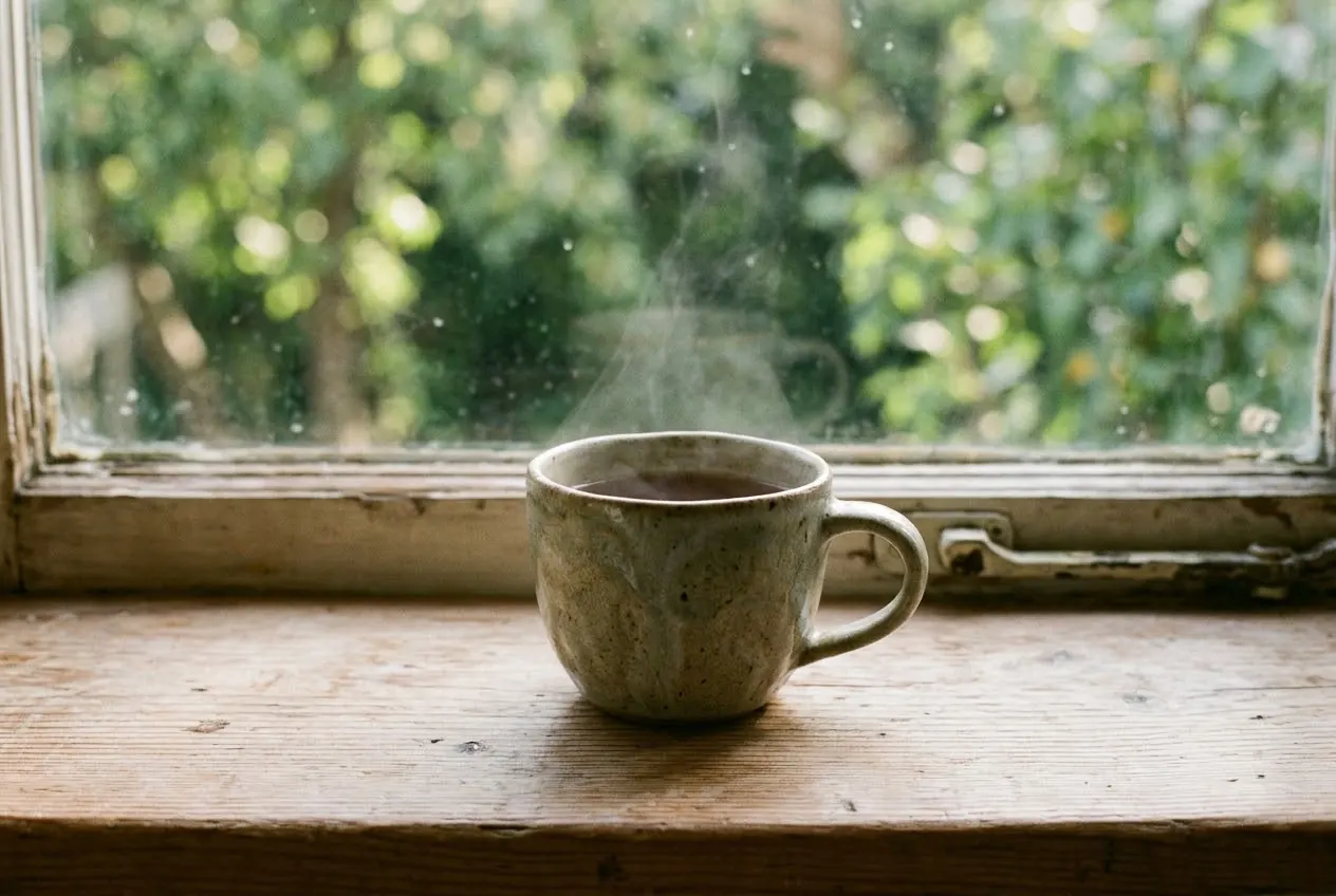 Tasse auf einer Fensterbank, dahinter unscharfes Grün