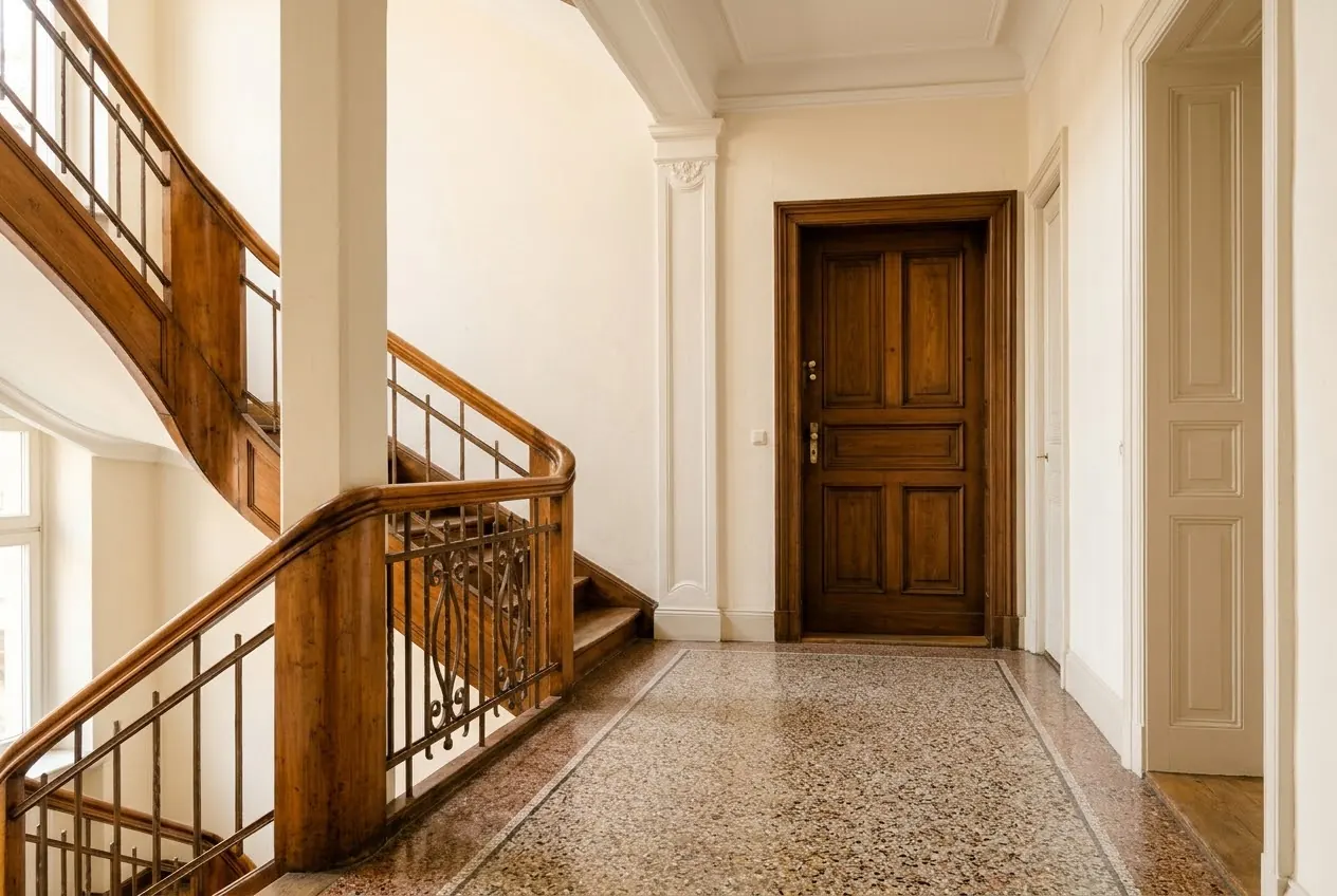 Treppenhaus eines Altbaus mit Holztür